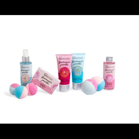 IDC Institut COFFRET BAIN XXL GOURMAND Vanille Fraise Caramel Savon 100g Gommage Brume 115ml Bombes 45g Gel Douche 150ml