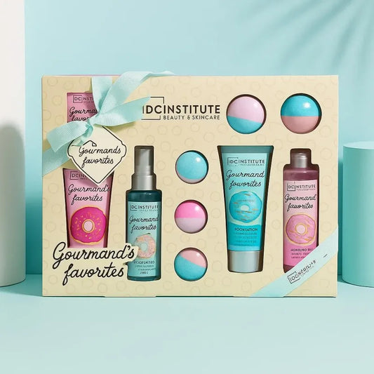 IDC Institut COFFRET BAIN XXL GOURMAND Vanille Fraise Caramel Savon 100g Gommage Brume 115ml Bombes 45g Gel Douche 150ml