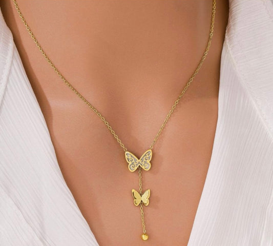 Collier double papillon doré en acier inoxydable 316L – Collection 2025